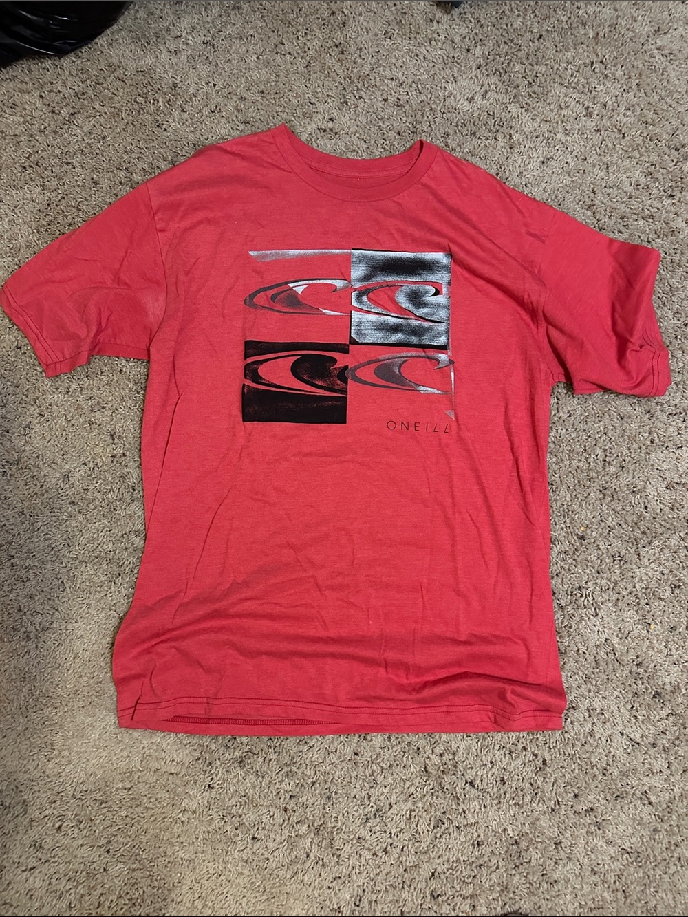 O'Neill Red Short Sleeve Graphic Tee with Black & Silver Waves